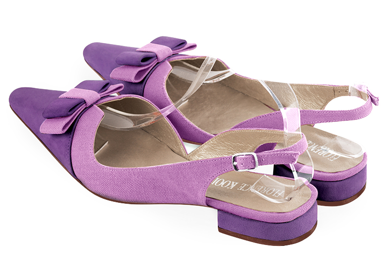 Amethyst purple women's open back shoes, with a knot. Tapered toe. Flat block heels. Rear view - Florence KOOIJMAN